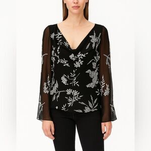 J Laxmi New York Black Beaded Blouse Floral Embellished PXL Evening Top